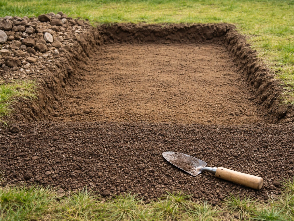 Zone de sol décaisser, pierres et débris retirés, terreau tamisé étalé et surface nivelée avant semis.
