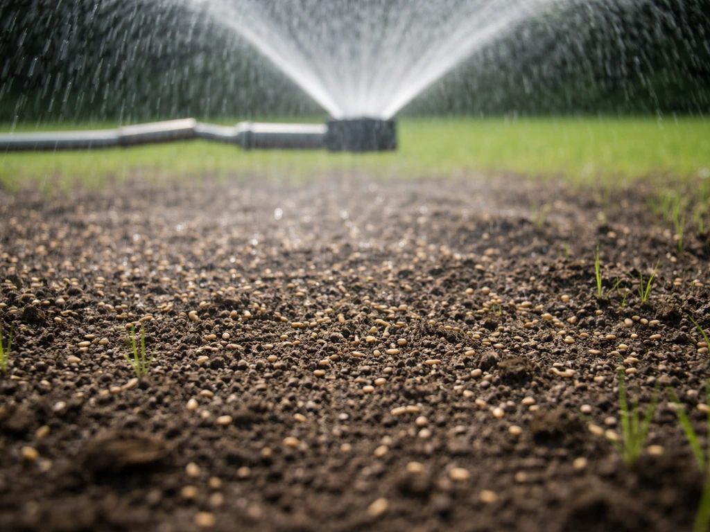 Arroseur à jet pluie fin sur une zone de gazon semée, sol uniformément humide sans déplacer les graines.