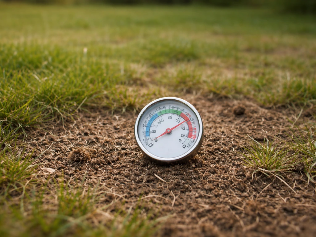 Pelouse partiellement verte avec un thermomètre de jardin sur le sol, ambiance propice au sursemis.