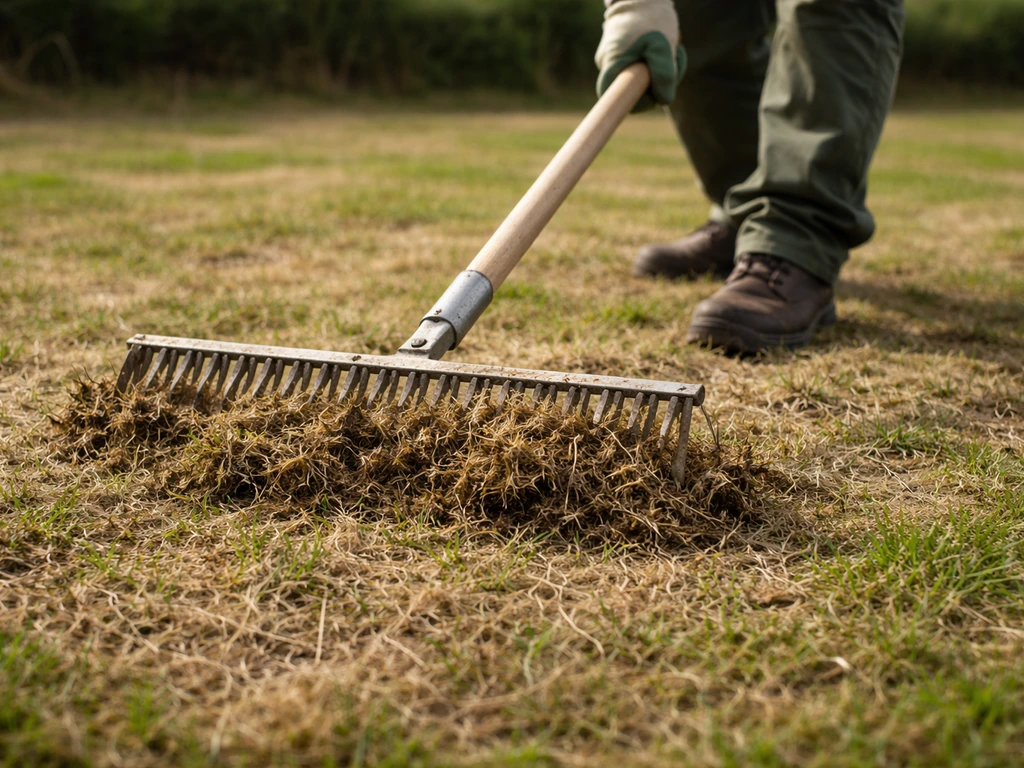 Un scarificateur racle la pelouse très ras, révélant du feutre racinaire brun à la surface.